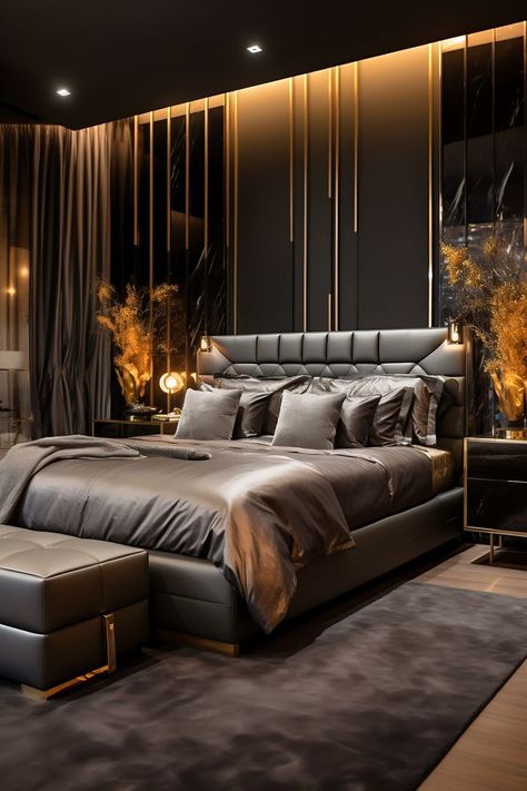 Luxurious modern bedroom in deep black and rich bronze, featuring a king-size leather bed, bronze side table, and track lighting. Black Modern Bedroom, Luxurious Modern Bedrooms, King Size Bed Designs, Living Room Decor Lights, Latest Sofa Designs, Aesthetic Living Room, Modern Luxury Bedroom, Corner Sofa Set, False Ceiling