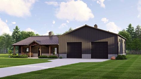 Plan 41887 | Order Code: PT104 | FamilyHomePlans.com | 1-800-482-0464 Garage With Living Quarters Floor Plans, 2 Bedroom 2 Bath Barndominium With Shop, 2 Bedroom Barndominium Floor Plans With Shop, 1600 Sq Ft Barndominium Floor Plans, 2 Bedroom Barndominium With Shop, 1500 Sq Ft Barndominium Floor Plans, Metal Building Homes Floor Plans, 2 Bed 2 Bath Barndominium, 40x60 Shop With Living Quarters