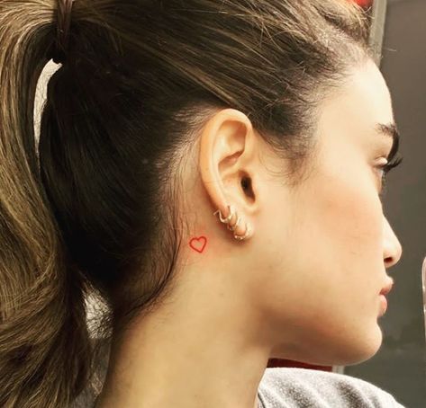 Red Heart Neck Tattoo, Two Hearts Behind Ear Tattoo, Red Heart Tattoo Behind Ear, Heart Tattoo Small Behind Ear, Heart Tattoo Behind Ear, Heart Behind Ear, Heart Behind Ear Tattoo, Red Heart Ear Tattoo, Back Ear Tattoo