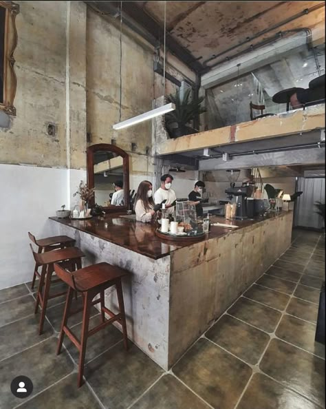 Coffee Bar Industrial Design, Brick Cafe Design, Warehouse Cafe Design, Concrete Bar Design, Loft Restaurant Design, Coffee Bar Industrial, Industrial Cafe Interior Design, Industrial Coffee Shop Design, Japanese Cafe Interior