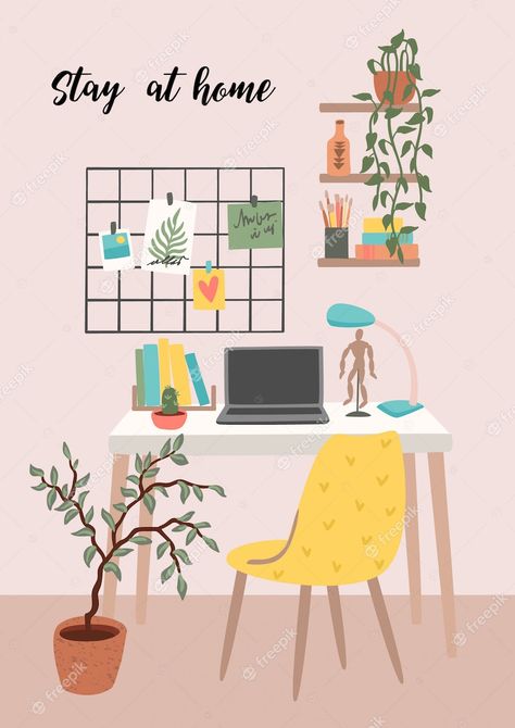 Room Office Design, At Home Illustration, Workplace At Home, Asthetic Picture Wallpaper, Office Drawing, Vector House, Home Workplace, Home Illustration, Asthetic Picture