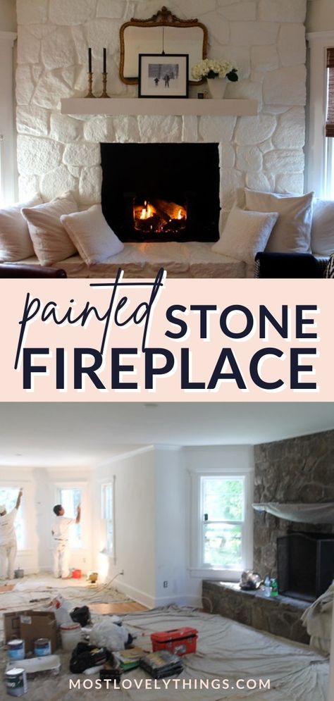 Painted Large Stone Fireplace, Renovate Stone Fireplace, Stone Tile Fireplace Makeover, Painted White Rock Fireplace, White Rock Fireplace With Mantle, Painting Stone Fireplaces, Repainting Stone Fireplace, How To Paint Fireplace Stone, Decorating A Stone Fireplace