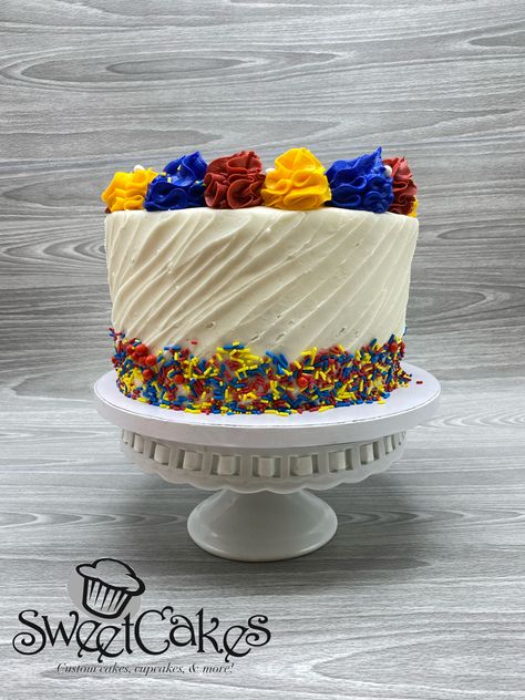 Primary Colors Cake, Colorful Layer Cake, Primary Color Cake, Fun Colorful Birthday Cake, Birthday Cake Bright Colors, Primary Color Birthday Cake, Candy Corn Birthday Cake, Birthday Cale, Sesame Street Birthday Cakes