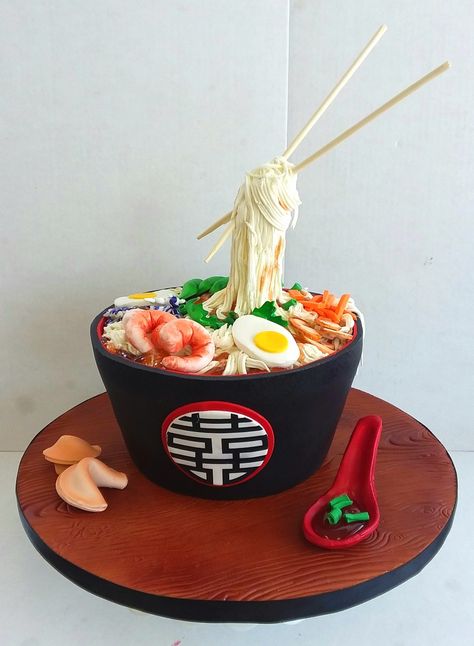 Bowl of ramen noodle soup with shrimp eggs & vegetables. Floating chopsticks. Cake filled with ganache, fondant design details. #funcakes #customcakes #ramennoodlecake #jacksonvillenc Ramen Noodle Cake, Noodle Cake, Anti Gravity Cake, Sushi Cake, Asian Cake, Ramen Noodle Bowl, Gravity Defying Cake, Anime Cake, Gravity Cake