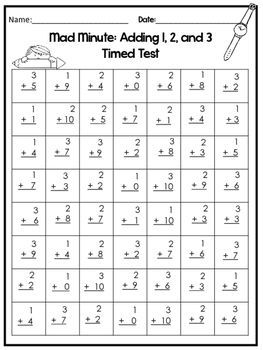 Printable Mad Minute Addition Timed Tests- 6 pages. Kindergarten-1st Grade Math. 2nd Grade Math Tactics For Adding Double Numbers And Subtraction Numbers, Fun Math Activities For Kids 1st Grade, Mad Minute Math Addition, Minute Math Worksheets, Mad Minute Math, Math Worksheets For Kids, Sentence Writing Activities, Kindergarten Math Worksheets Addition, Teaching Math Strategies