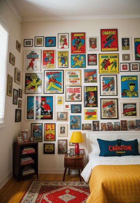 Comic Book Gallery Wall, Pop Culture Decor Interior Design, Geek Interior Design, Comic Book Decor, Pop Culture Bedroom, Pop Culture Decor, Comic Room Ideas, Vintage Room Ideas Retro, Geek Living Room