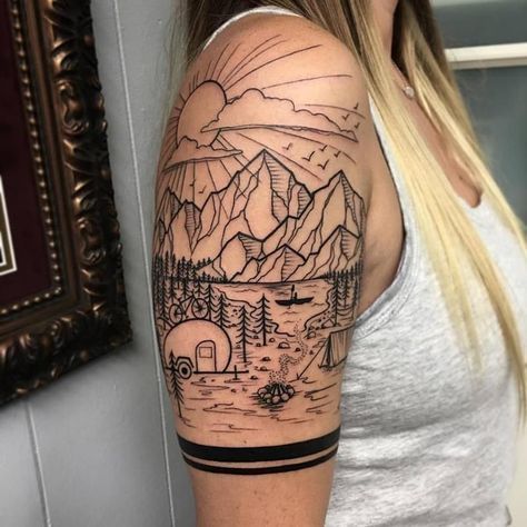 Nature Tattoo Sleeve Women, Tattoo Brazo Mujer, Muse Tattoo, Natur Tattoo Arm, Cute Tattoo Designs, Nikko Hurtado, Camping Tattoo, Nature Tattoo Sleeve, Sleeve Tattoo Designs