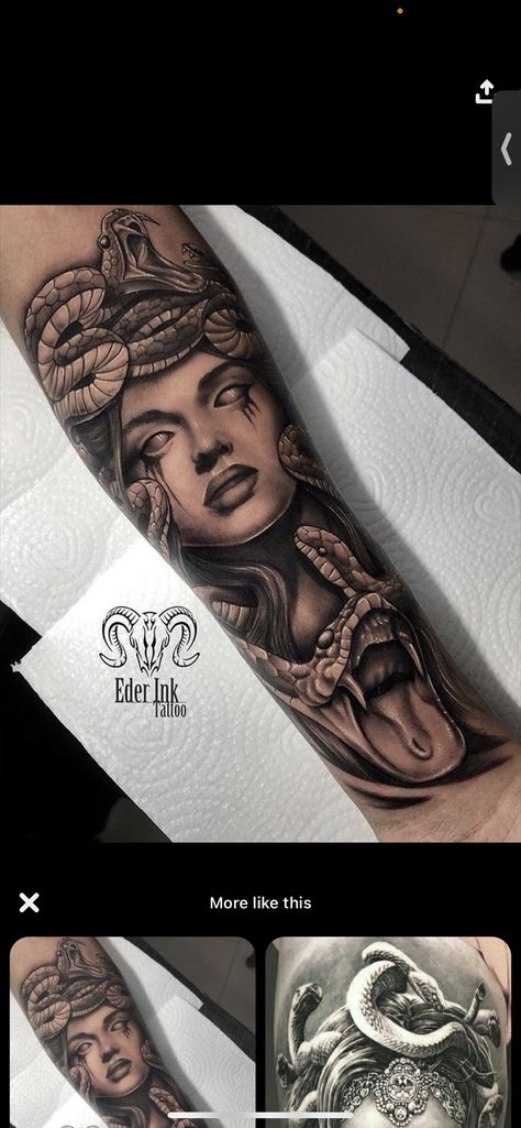 Arm Tattoos For Guys Forearm, Underboob Tattoo Designs, Zeus Tattoo, Medusa Tattoo Design, Snake Tattoos, Inner Arm Tattoo, Hand Tattoos For Girls, Special Tattoos, Greek Mythology Tattoos