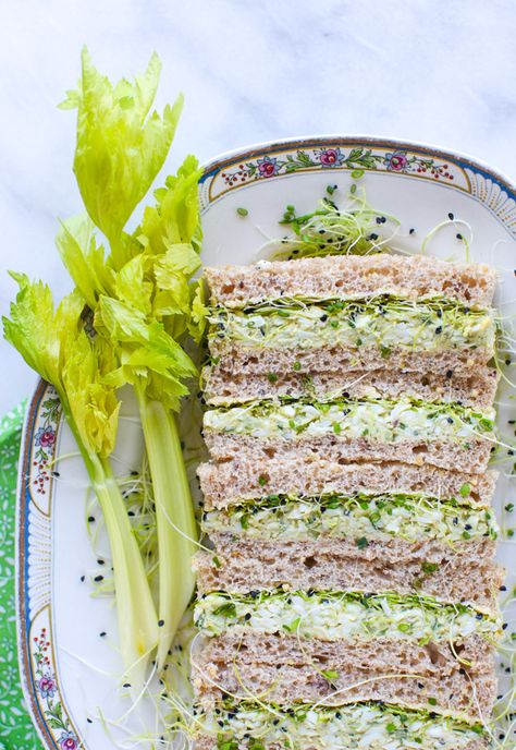 Herbed Avocado Egg Salad Tea Sandwiches - Simple Bites Egg Salad Tea Sandwiches, Onion Sprouts, Tea Sandwich, Tea Party Sandwiches, Tea Sandwiches Recipes, Afternoon Tea Recipes, Party Sandwiches, Avocado Egg Salad, Finger Sandwiches