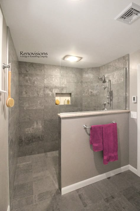 Let There be Space | Renovisions Inc Doorless Bathroom Entry, Bathroom Walk In Shower Ideas Doorless, Doorless Shower With Pony Wall, Roll In Shower Tile Ideas, Open Shower Ideas Walk In Master Bath, Open Tile Shower Walk In, Open Shower No Door, Walk In Shower With No Lip, Shower With A Pony Wall