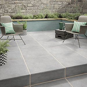 Wickes Al Fresco Grey Outdoor Porcelain Floor Tile 610 x 610mm Outdoor Tile Patio, Terrace Tiles, Outdoor Porcelain Tile, Porch Tile, Garden Tiles, Back Garden Design, Patio Tiles, Patio Garden Design, Patio Flooring