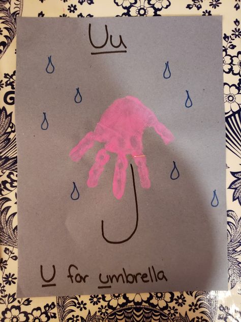 Handprint Umbrella, Umbrella Handprint, U For Umbrella, Letter U Crafts, Art Crafts For Kids, Baby Handprint Crafts, Baby Art Crafts, Umbrella Craft, Alphabet Crafts Preschool