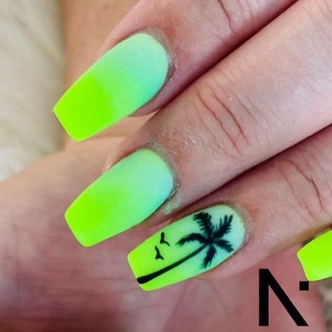 NiNi Nails on Instagram: "Palm Tree Sunset Nail design 🌴☀️ ✨How cute is Neon color  ✨Hand painted nail art ✨Set by IVIN  #nininailstampa💅🏽 #nailsdesign #nailsinstagram #nailsinspiration #palmtreenails #neoncolornails #summernails #nailsart #handpaintednailart 🌴✨☀️" Palm Tree Nails Design, Tropical Vacation Nails Simple, Neon Palm Tree, Tropical Vacation Nails, Orange Acrylic Nails, Hand Painted Nail Art, Palm Tree Nails, Sunset Nails, Neon Green Nails