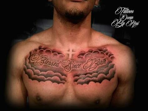 Chest Tattoo Men Ideas Clouds, Cloud Tattoo Chest, Meaningful Chest Tattoos, Cloud Chest Tattoo Men, Blessed Chest Tattoo, Jah Tattoo, Chest Tattoo Clouds, Chest Piece Tattoos Mens, Chest Tattoo Sketches