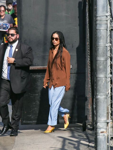 Celebrities Agree—These 5 Colours Look So Good With Brown | Who What Wear UK Masculine Aesthetic Outfits Women, Silky Blazer Outfit, Zoe Kravitz Casual Style, Casual Cool Girl Outfits, Zoe Kravitz Street Style 2024, Zoe Kravitz Fall Style, Zoe Kravitz Style 2024, Solange Street Style, Weekend Casual Outfits For Women