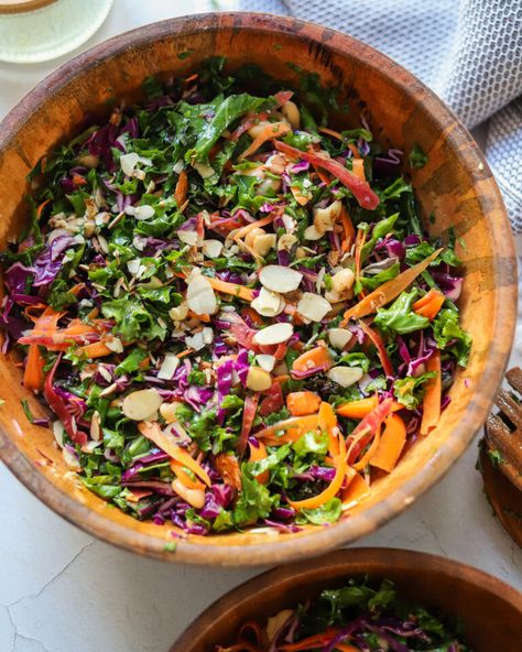 The Best Kale Crunch Salad - BetterFoodGuru Better Food Guru, Heart Healthy Sides For Dinner, Chik Fila Kale Crunch Salad, Copycat Kale Crunch Salad, Roasted Veggie Kale Salad, Kale Cabbage Salad, Pinch Of Yum Kale Crunch Salad, Kale Crunch Salad Pinch Of Yum, Kale Crunch Salad