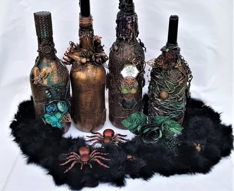 Spooky Halloween Dishes, Diy Halloween Bottles, Wine Sleeve, Halloween Wine Bottles, Wine Bottle Charms, Halloween Potion Bottles, Fake Candles, Halloween Bottles, Halloween Frames