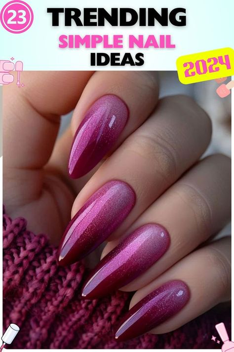 Metallic magenta stiletto nails, created with gel material, long length. These simple nails feature a bold, glossy finish, perfect for making a statement at parties, night outs, or any bold occasion. Raspberry Color Nails, Magenta Nails Design, Magenta Nails, Pink Ombre Nails, Almond Nails Designs, Raspberry Color, Color Magenta, Simple Nail, Simple Nail Designs