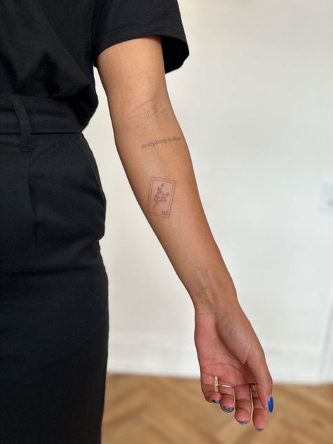 Mini Elbow Tattoo, Small Cute Arm Tattoos For Women, Arm Stamp Tattoo, Square With Flowers Tattoo, Best Arm Tattoo Placement, One Arm Tattoo Woman, Wildflower Stamp Tattoo, Placement Small Tattoo, Women Small Arm Tattoo