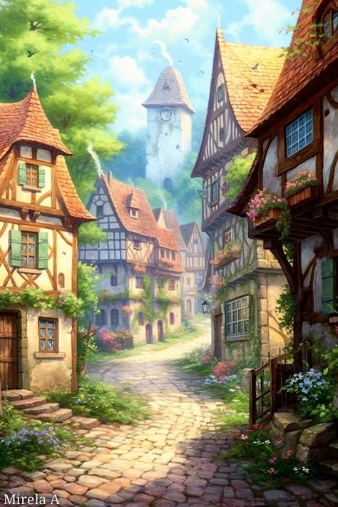 Relaxing View, Scene Illustration, German Houses, Fantasy Town, Tudor Style Homes, Art Village, Fantasy Homes, Minecraft Architecture, Fantasy House