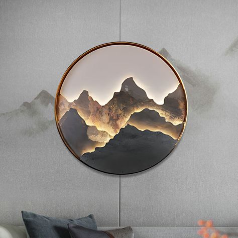 Mountain Scenery Painting, Lights At Night, Scenery Painting, Study Living Room, Led Wall Art, Black Light Fixture, Mountain Scenery, I Love Lamp, Creative Bedroom