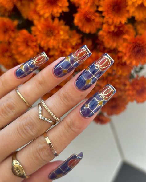 Stained Glass Pumpkins Handpainted using all @stellar_gel HF hard structure gel clear Cathedral onyx Cathedral ruby Cathedral citrine Cathedral amethyst Cathedral sapphire Stellar shine Gold chrome @amazon ✨ #nails #nailsofinstagram #nailsonfleek #nails💅 #nails2inspire #nailswag #nailstyle #nailsnailsnails #showyourclawssss #nailart #naildesigns #nailsoftheday #naildesign #nailthegram #nailinspo #thenailconnectionxo #nailsmagazine #nailitmag #scratchmagazine #nailpromagazine #stellargel... Amethyst Cathedral, Glass Pumpkins, Gold Chrome, Nail Pro, Nails Magazine, Nails On Fleek, Swag Nails, Nail Inspo, Citrine