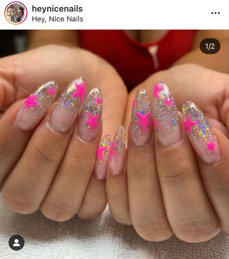 Pink Festival Nails, Pink Stars Nails, Disco Nails Designs, Pink Star Nails, Disco Nails, Kylie Nails, Star Nail Designs, Nice Nails, Star Nails