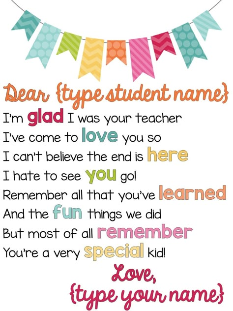 School Year Printables, Eoy Activities, Giveaways Ideas, Prek Graduation, Letter To Students, Teacher Poems, Pre K Graduation, Monochromatic Design, Teacher Teaching