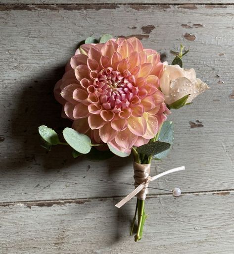 This beautiful dahlia made a lovely buttonhole to complement the bridal bouquet. Single Dahlia Bouquet, Dahlia Flower Bouquet Wedding Ideas, Small Dahlia Bouquet, Dahlia Boutineer, Dalia Wedding Boquet, Colourful Buttonholes, Dahlia Buttonhole, Dahlia Bouquet Wedding, Dahlia Corsage