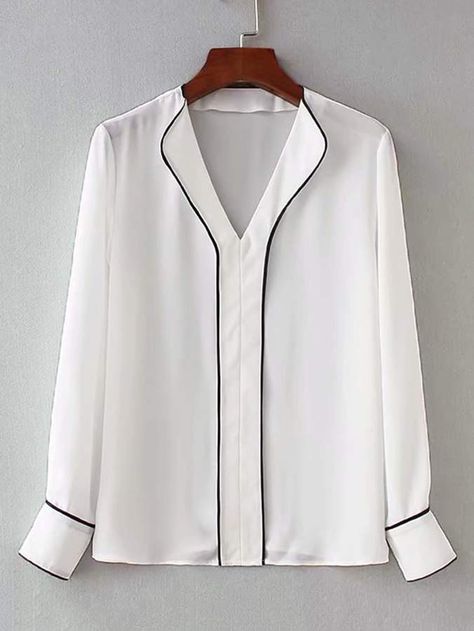 Shein Contrast Binding V-neck Blouse Ladies Shirts, Uniform Design, Free Style, White Dresses, Work Tops, Loose Blouse, Spring Shirts, Fashion Design Clothes, V Neck Blouse