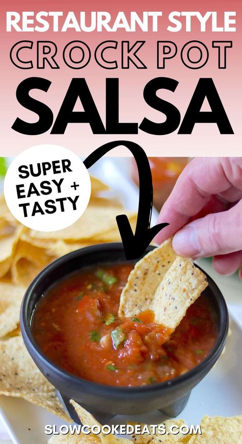 Easy Restaurant Style Crockpot Salsa Recipe | Slow Cooked Eats Crockpot Salsa For Canning, Chunky Salsa Recipe, Restaurant Style Salsa Recipe, Crockpot Salsa, Canned Salsa Recipes, Salsa Canning Recipes, Best Salsa Recipe, Slow Cooker Salsa, Mediterranean Diet Recipes Dinners