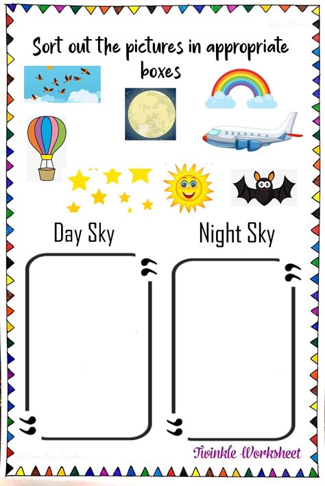 Here given the pictures of things seen in Day Sky and night sky. Sort out in appropriate boxes Boyfriend Activities, Gacha Bedroom, Captain Ideas, Kindergarten Pictures, Background Bedroom, Day Sky, Digital Ideas, October Sky, Worksheets Kindergarten