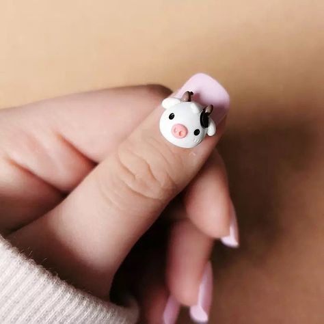 Cartoon Ornaments, Resin Nail Art, Summer Decorations, Cow Nails, Cute Cow, White Cow, Diy Nail Art, Short Acrylic Nails Designs, Style Japonais