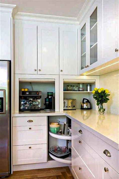 46+ Corner Kitchen Cabinets Ideas That Optimize Your Kitchen Space Part 6 ; corner kitchen cabinet ideas; corner kitchen cabinet organization; corner kitchen cabinet upper; corner kitchen cabinet lower; corner kitchen cabinet solutions; corner kitchen cabinet solutions; corner kitchen cabinet ideas upper; corner kitchen cabinet organization deep; corner kitchen cabinet diy Organiser Cucina, Kitchen Appliance Storage, Corner Kitchen Cabinet, Corner Kitchen, Kitchen Wall Cabinets, Best Kitchen Cabinets, Hidden Kitchen, Outdoor Kitchen Appliances, Kitchen Corner