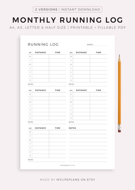 Monthly Running Log Printable Template, Running Journal, Cardio Training Log, Running Tracker, Fitness Goals, A4/A5/Letter/Half Size | Monthly Printable Planner by  Denise Byers Running Calendar, Running Tracker, Running Journal, Landscape Calendar, Tracker Fitness, Traveler Notebook Inserts, Monthly Planner Printable, Health Planner, Hole Punches