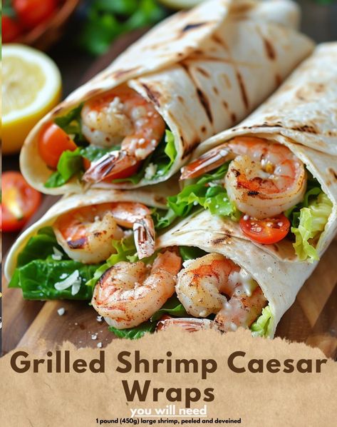 Grilled Shrimp Caesar Wraps Ingredients: For the Shrimp: 1 pound (450g) large shrimp, peeled and deveined 2 tablespoons olive oil 2 cloves garlic, minced 1 tablespoon lemon juice Salt and pepper to taste 1 teaspoon paprika For the Caesar Dressing: 1/2 cup mayonnaise 1/4 cup grated Parmesan cheese 2 tablespoons fresh lemon juice 1 tablespoon Dijon mustard 2 cloves garlic, minced 1 teaspoon Worcestershire sauce Salt and pepper to taste For the Wraps: 4 large flour tortillas 2 cups romaine lett... Shrimp Tortilla, Shrimp Wraps, Tortilla Rolls, Marinated Shrimp, Roll Ups Tortilla, Healthy Goals, Easy Seafood Recipes, Large Shrimp, Caesar Dressing