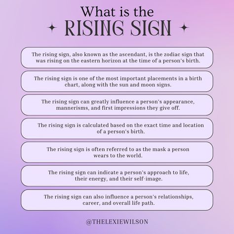 So you've probably been asked: "what's your sun, moon, and rising?" But you don't know what it all means - well let's break it down; starting with the Rising sign. Learn more about your personality by booking a session with me at thelexiewilson.as.me or at the link in my bio Love, Lex #astrologypost #rising #risingsigns #astrologybasics #beginnerastrology #astrologyforbeginners Rising Sign Meaning, Zodiac Rising, Sun Moon And Rising, Bio Love, Astrology Meaning, Holly Hobby, Rising Sign, Aquarius Rising, What House