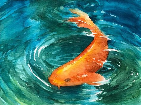 Koi Fish Pond Painting Watercolor, Duck In Pond Painting, Watercolor Pond Painting, Koi Pond Illustration, Koi Fish Oil Pastel, Watercolour Koi Fish, Koi Fish Underwater, Underwater Watercolor Painting, Garden Watercolor Painting