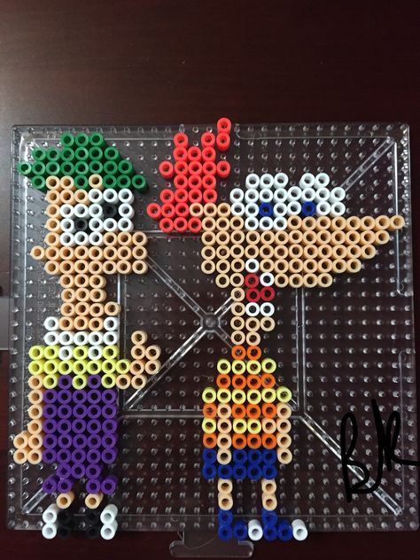 Phineas & Ferb  perler beads done by BreAnda Robbins Fuse Bead Patterns Disney, 29x29 Perler Bead Patterns, Cartoon Perler Bead Patterns, Phineas And Ferb Crafts, Lorax Perler Beads, Phineas And Ferb Pixel Art, Cartoon Perler Beads, Nickelodeon Perler Beads, Fairly Odd Parents Perler Beads