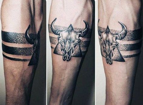 Armband Dotwork Male Triangle Bull Taurus Forearm Tattoos #UltraCoolTattoos Pig Tattoos, Stag Tattoo Design, Ox Tattoo, Taurus Bull Tattoos, Mens Body Tattoos, Tattoo Homme, Bull Skull Tattoos, Bull Tattoo, Tattoo Band