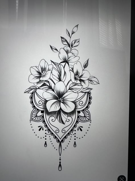 Plumeria Mandala Tattoo, Lotus Flower Half Sleeve Tattoo, Feminine Back Tattoos, Plumeria Tattoo, Fm Cosmetics, Girl Thigh Tattoos, Lace Tattoo Design, Cross Tattoos For Women, Forearm Band Tattoos