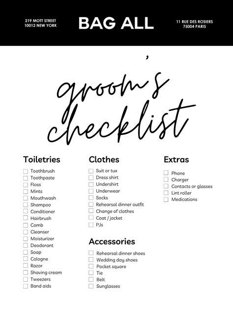 Wedding Overnight Bag Checklist, Groomsmen Checklist, Wedding Day Of Checklist, Wedding Weekend Packing List, Wedding Packing Checklist, Day Of Wedding Checklist, Wedding Packing List, Wedding List Checklist, Wedding Personal Touches