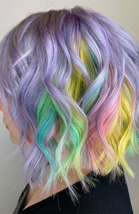 Rainbow Hair Color Ideas, Short Rainbow Hair, Hidden Rainbow Hair, Dramatic Hair Colors, Pastel Rainbow Hair, Temporary Hair Color Spray, Pulp Riot Hair Color, Hair Color Spray, Dramatic Hair