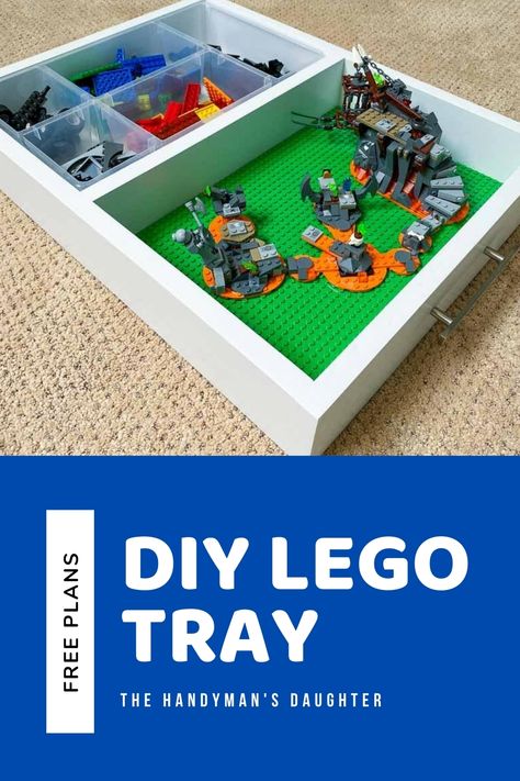 Take Lego on the go with this simple DIY Lego tray! Customize the two sides for an organizer or loose pieces, and Lego base plates for building! It's easy to carry with handles on both sides. Get the free woodworking plans for this project and get building today! Lego Tray, Lego Desk, Lego Diy Crafts, Diy Lego, Lego Table, Lego Diy, Lego Storage, Lego Pieces, Free Woodworking Plans