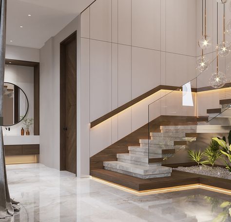 Interior Stairs Ideas Modern, Stairs Design Modern Interiors, Duplex Staircase Design Modern, Stair Wall Design Interiors, Villa Stairs Design, Stairs Side Wall Design, Wall Stairs Design, Stairs Modern Design, Duplex Staircase Design