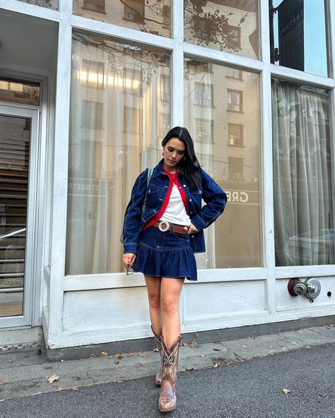 My take on the Canadian tuxedo⭐️ A denim jacket and skirt paired with classic cowboy boots. A simple yet versatile look for fall days in the city. The last slide: tell me you’re an influencer without telling me you’re an influencer 😅 . . . — 🏷️ western style, cowboy boots, denim, Pinterest aesthetic, #denimoutfit #falloutfits #ootd #bootbarn #canadianblogger #canadianinfluencer #westernstyle #canadiantuxedo #yvr Denim Jacket And Skirt, Classic Cowboy Boots, Style Cowboy Boots, Canadian Tuxedo, Classic Cowboy, Fall Days, Pinterest Aesthetic, Denim Outfit, Autumn Day