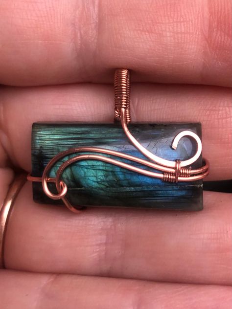 Wire Wrap Blue Green Labradorite Pendant Necklace Handmade OOAK Wrapped in non-tarnish copper wire.  Includes an adjustable 18"-20" inch cord necklace.  Pendant is 1" inches in height & 1.20" inch width