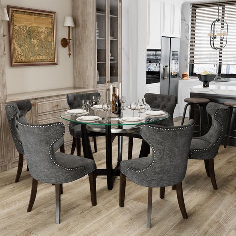 Manor House Decor, Glass Top Dining Room Table, Round Table Dining Room Chairs, Round Table Dining Set, Chairs For A Round Dining Table, Dining Chairs Modern Luxury, Round Dining Table Decor Modern, Dining Tables With Benches, Round Glass Dining Room Table