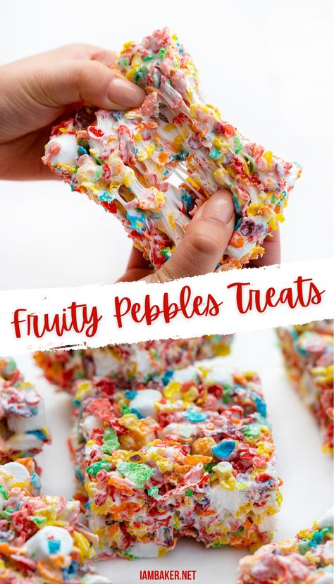 A hand is pulling apart a fruity pebbles treat in the top image. The bottom image shows a few fruity pebbles treats on a white counter top. Fruit Pebbles Rice Crispy Treats, Fruity Pebbles Rice Crispy Treats, Fruity Pebble Bars, Cereal Ideas, Fruity Pebbles Treats, Sweet Deserts, Easy Impressive Dessert, Fruity Pebbles Cereal, Cereal Snacks