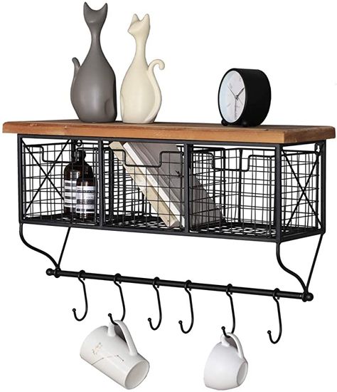 Amazon.com: Industrial Wall Mounted Metal Wood Shelf with Baskets Hooks Hanging Storage Rack Display Shelf Sundries Holder for Coffee Bar Kitchen Office Bathroom Organization and Home Decor, Black : Home & Kitchen Shelf With Baskets, Display Ledge, Ledge Shelves, Storage Bookshelf, Decorative Shelves, Kitchen Wall Storage, Shelves Ideas, Shelves Wall, Wire Storage